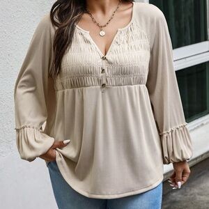 Bohemian Babydoll Neutral Split Neck Long Puff Sleeve Top XXL - 2XL